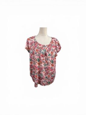 Stella Parker Pink Floral Scoop Neck Blouse with Short Sleeves size XL